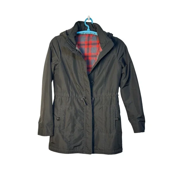 Hollister California Gray Hooded Rain Coat Jacket Red Plaid Lined Outerwear JR L - Picture 1 of 6